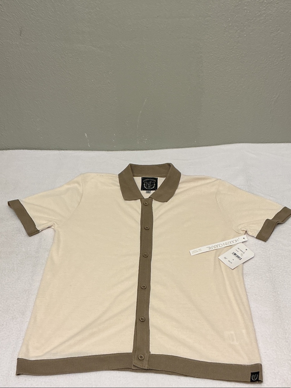 Mens Modern Culture Cream Short-Sleeve Polo BU with Brown Trim Sz M NWT 3122